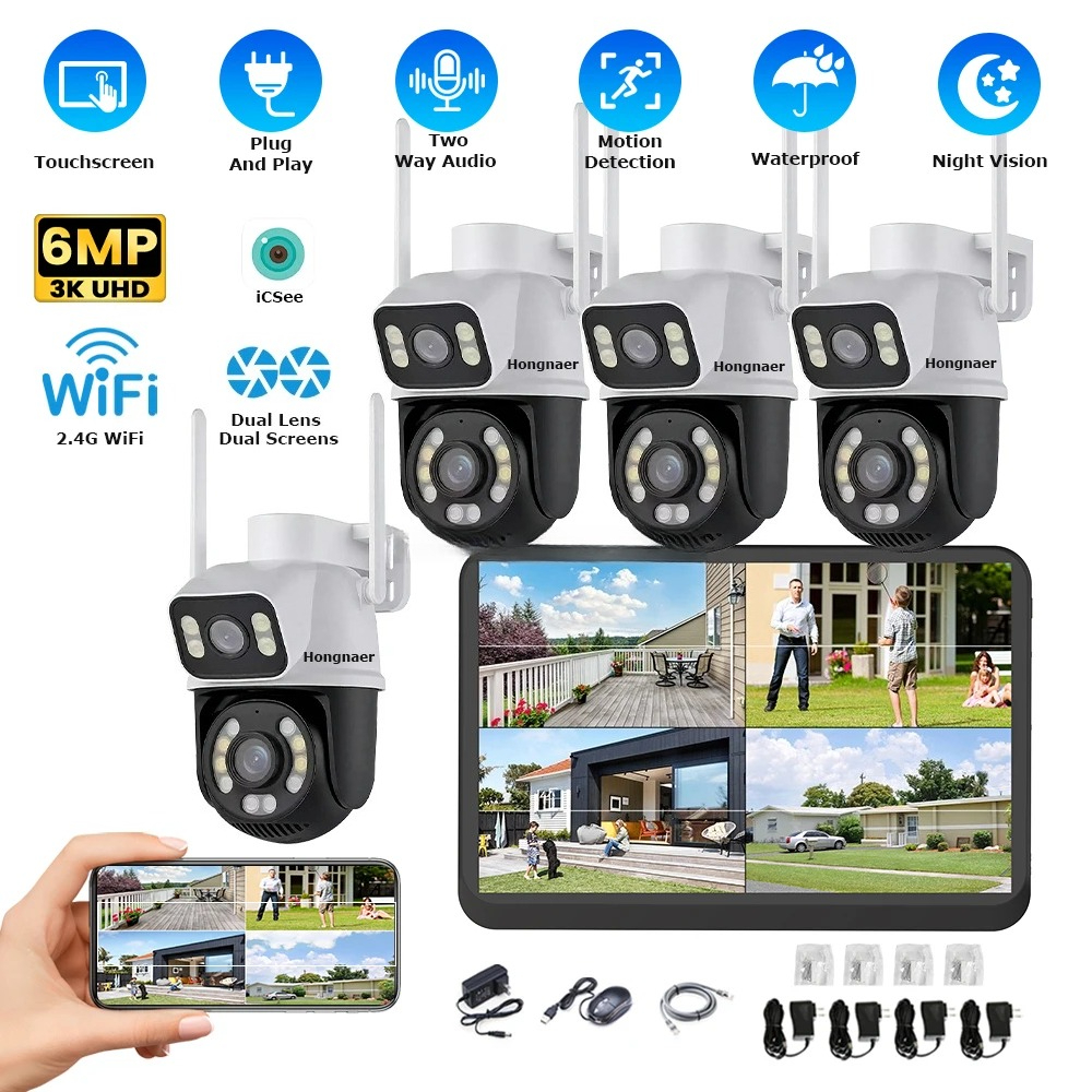 Home Security Kit With Camera - Hongnaer 6MP 4CH Dual Lens Home